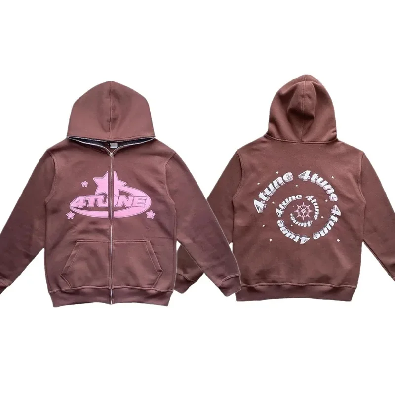 Star Letter Print Hoodie Men Retro Zip Up Long Sleeve Loose
