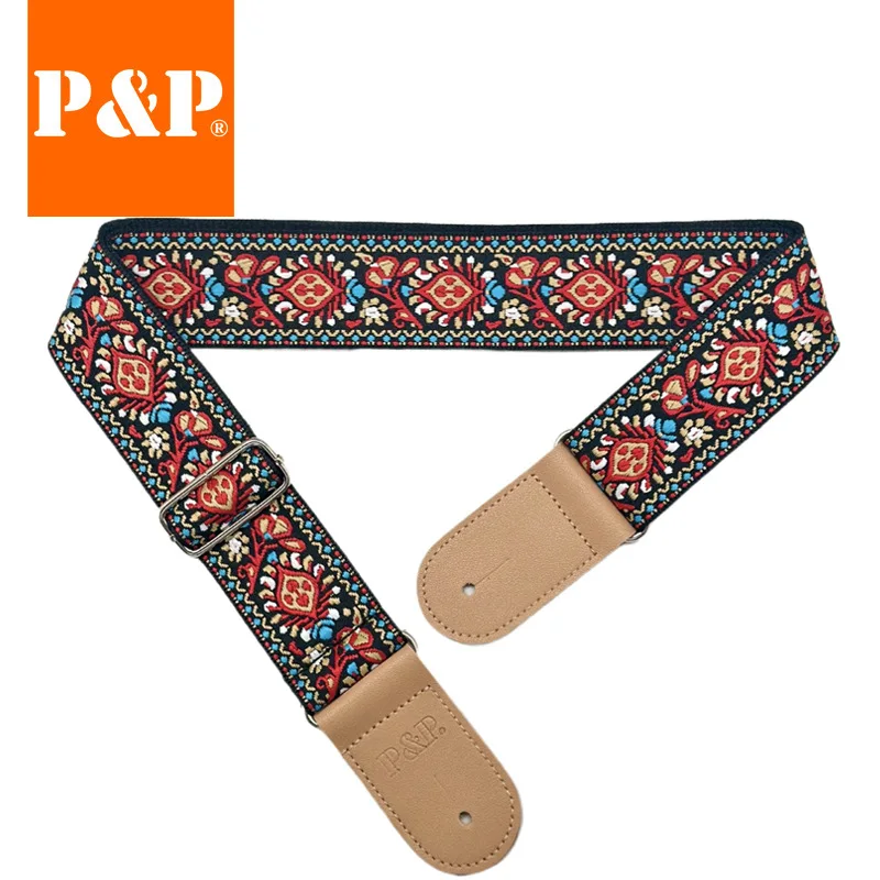 Embroidered Jacquard Guitar Strap with Leather Ends - Adjustable Cotton Band