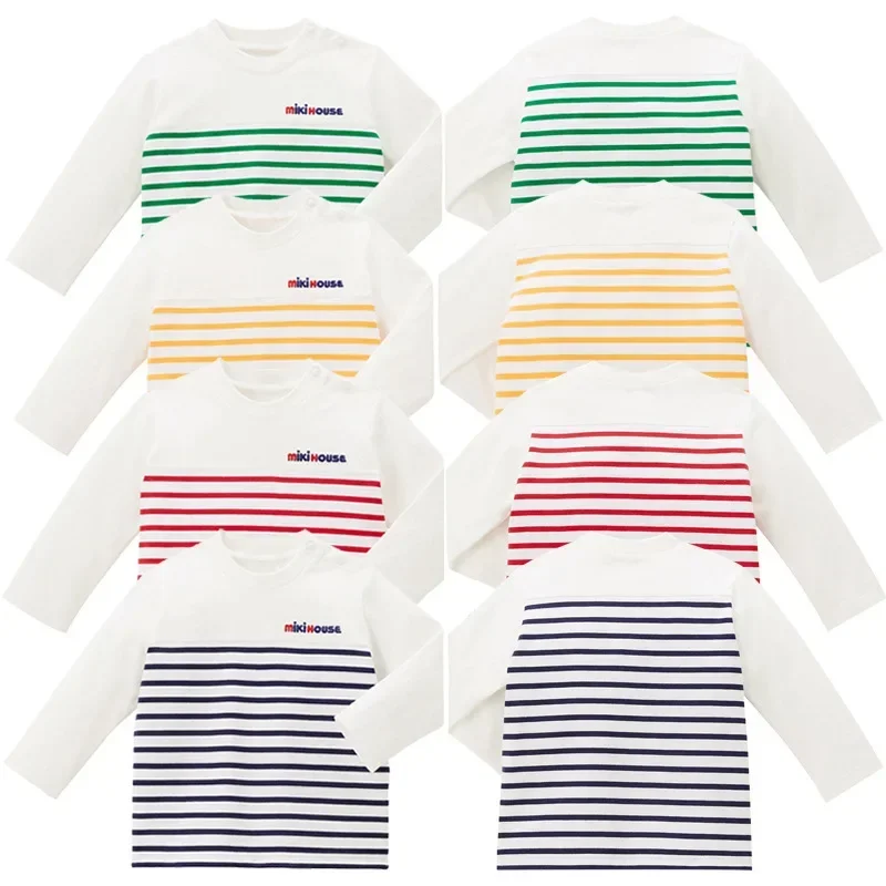 

2022 Children's Clothing Japanese Fashion Brand Boys And Girls Simple Letter Logo Striped Long Sleeve T-shirt Crewneck