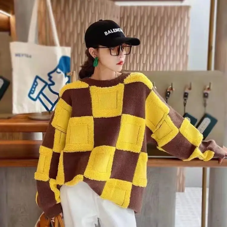 New Plaid Sweater Women Korean Lazy Wind Short Loose Casual Checkered Sweater Pullovers striped sweater