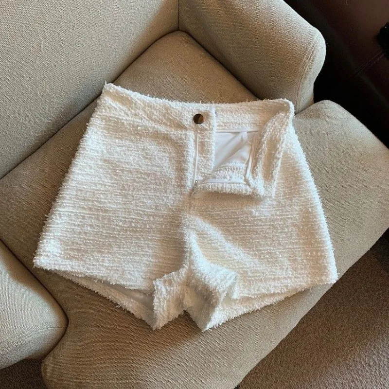 Women's High Waist Solid Color Wide Leg Pants Autumn and Winter New Loose Woolen Button Zipper Cropped Fashion All-match Shorts