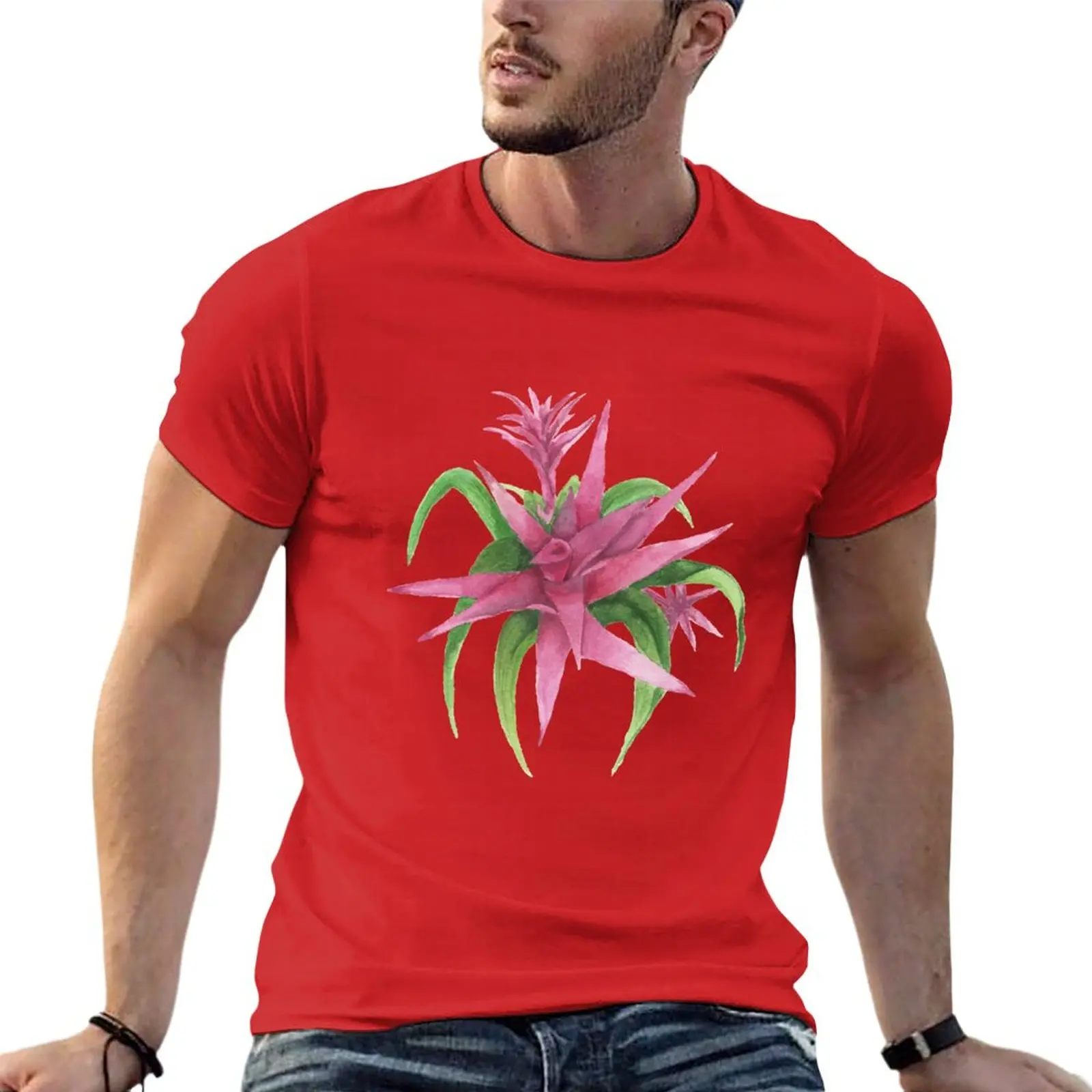 

Hot Pink Guzmania Watercolor Painting on Bold Background T-Shirt graphics plus sizes vintage kawaii clothes Men's cotton t-shirt