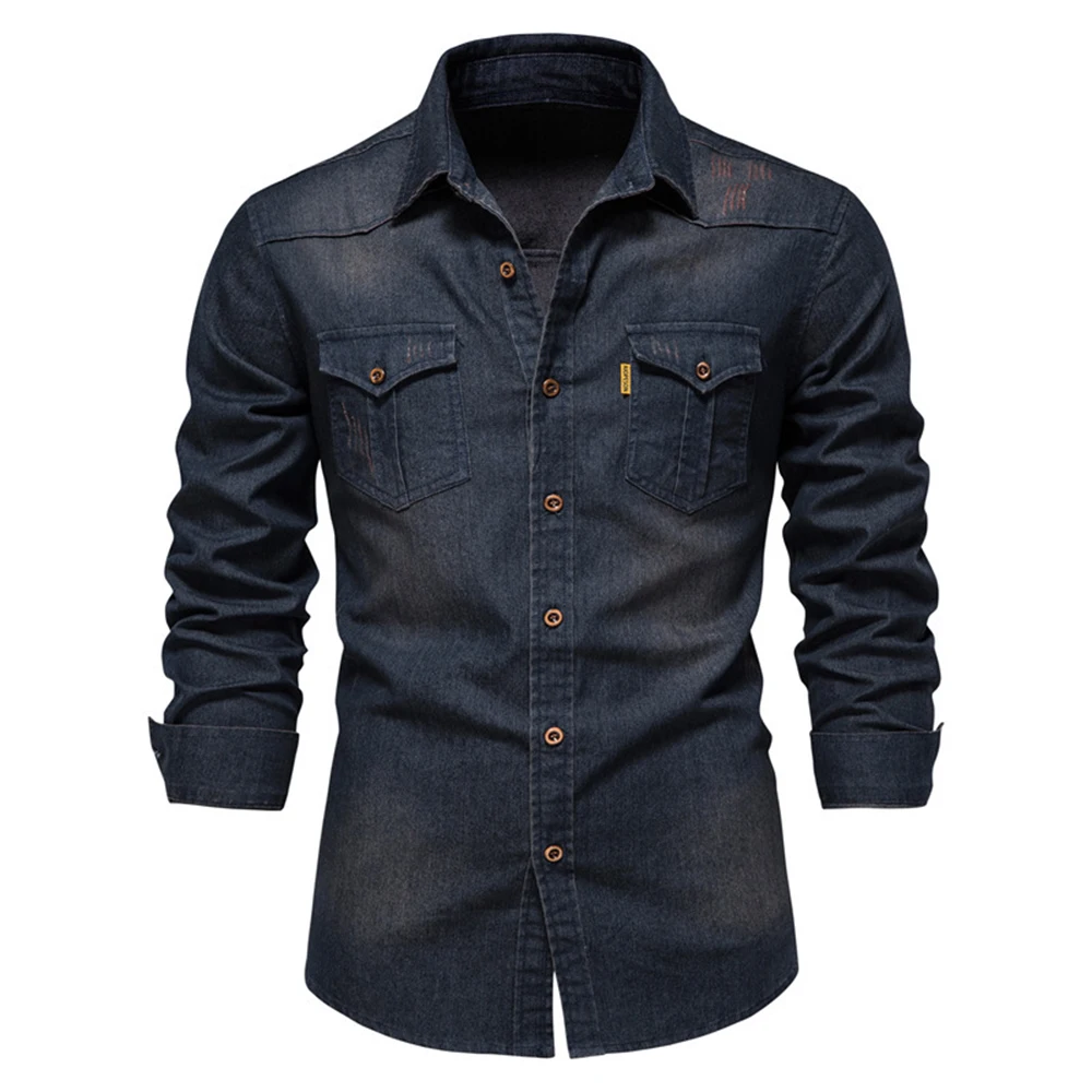 

Trend New US Size Denim Free Iron Top Men's Casual Solid Color Free Iron Men Royal Blue Black Long Sleeve Hero Cool Button Shirt