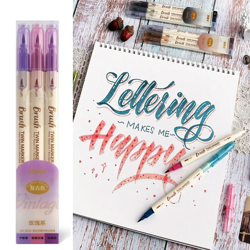 3pcs 레트로 컬러 서예 브러쉬 펜 세트 스크랩북 공예 소프트 팁 듀얼 사이드 파인 라이너 아트 레터링 드로잉 마커