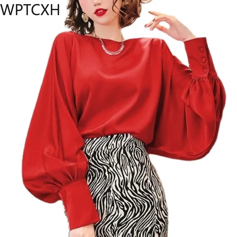 

Lantern Sleeve Satin Shirts Women Vintage Court Style 2024 Spring New Elegant Ladies Slash Neck Tops Fashion All-match Blouses