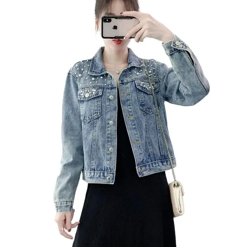 2022 Women Denim Jacket Nail bead Denim Short Coat High Quality Spring