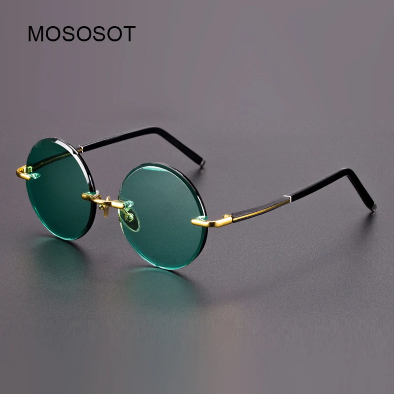 

Crystal Stone Sunglasses Man Green Rimless Glass Round Sun Glasses Natural Mineral Lens Women Titanium Frame Top Quality