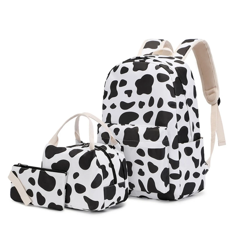 

Cow Print School Backpack with Lunch Tote Pencil Bag Set Student Bookbag
