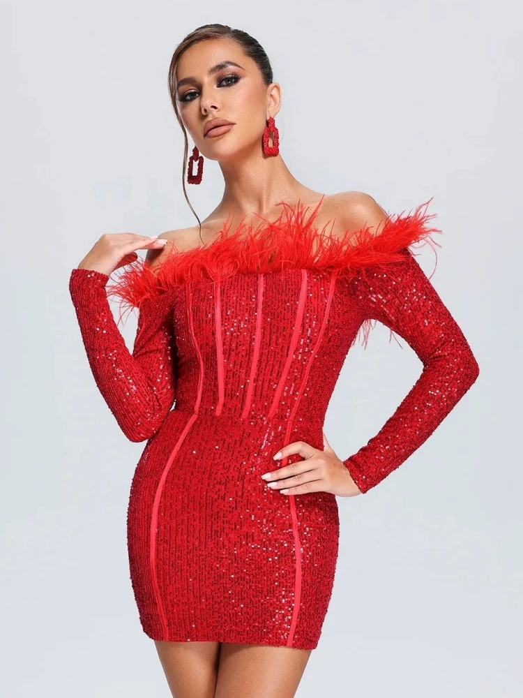 

Sexy Off Shoulder Feather Sequin Mini Dress Women Red Black Slash Neck Long Sleeves Feathers Bodycon Dress Elegant Evening Party