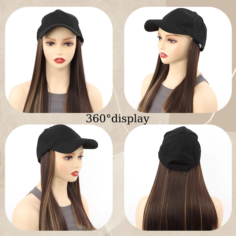 18inch Synthetic Hat Wig Women Wigs Hair Extensions Blonde Brown Straight Hair with Black Hat Hairpiece for Women Daily Use