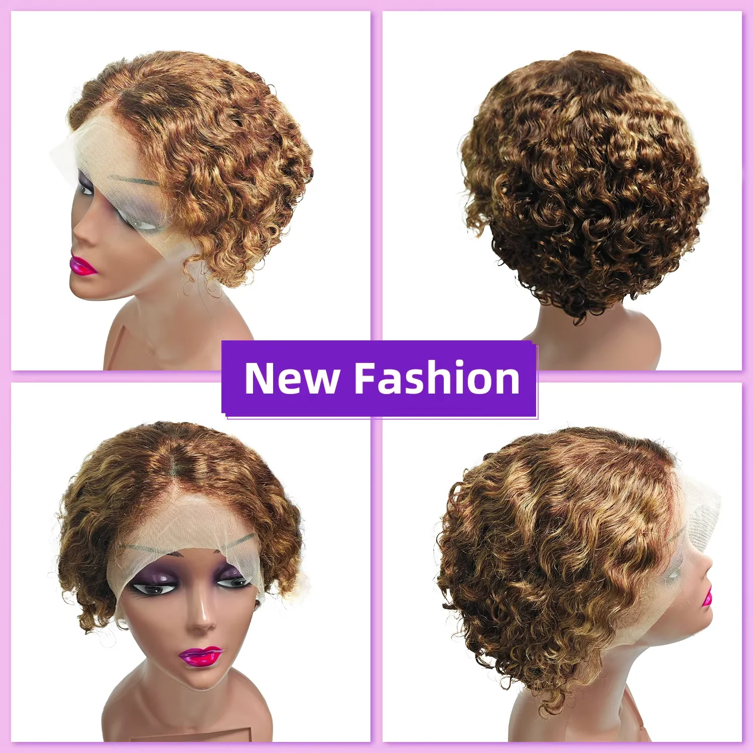 P427 Highlight Ombre Brown 13x1 Lace Front Pixie Cut Wigs 100% Human Hair Pre-Plucked Hairline Brazilian Virgin Hair Remy Hair