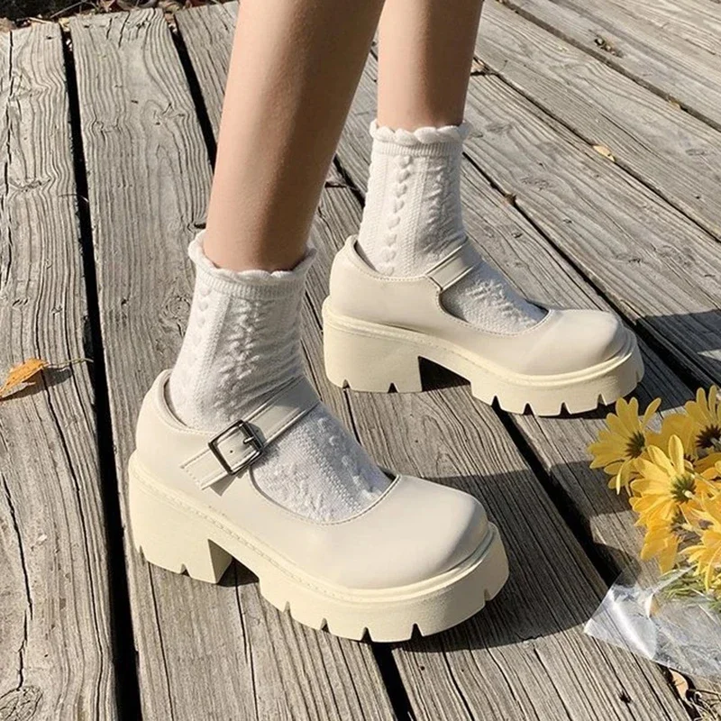 Vrouwen Lolita Schoenen Platform Mary Janes Gothic Enkelband Ronde Neus Chunky Hak Halloween Cosplay Schoenen (Color : White, Size : 35 EU