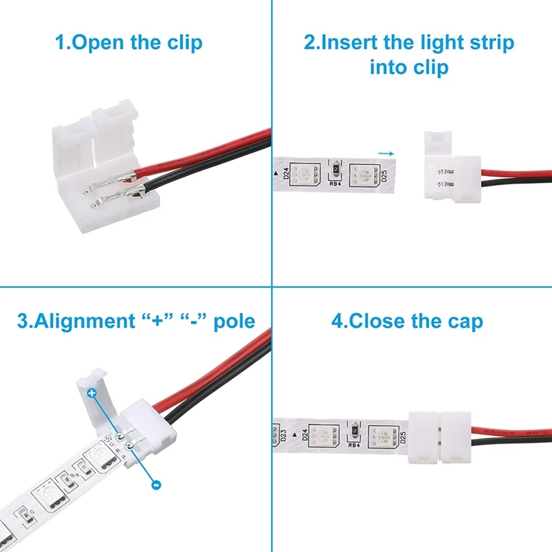 24Pcs 8mm 2 Pin LED Strip Light Connector for 8 mm Wide Flexible SMD 3528 2835 Single Color LED Strip Lights Solderless