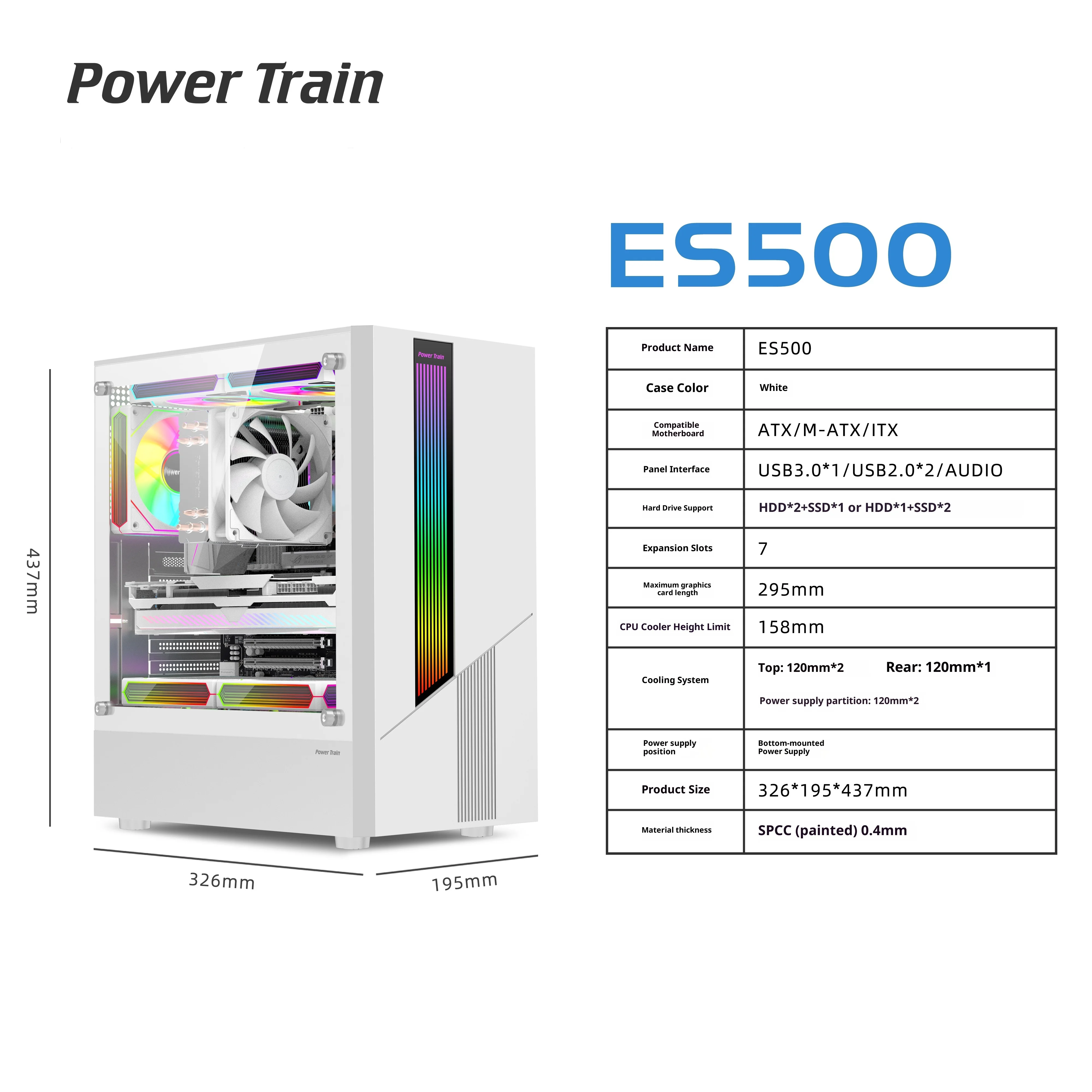 פאנל רצועת אור Power Train ES500 M-ATX ATX RGB צד שקוף מקרן מחשב גיימינג ITX מקרן מחשב שולחן gabinete gamer