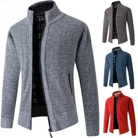 Men's Knitted Fleece Lined Thickened Cardigan Warm Fashionable Jacket Loose Fit Long Sleeve Stand Collar Winter Outerwear