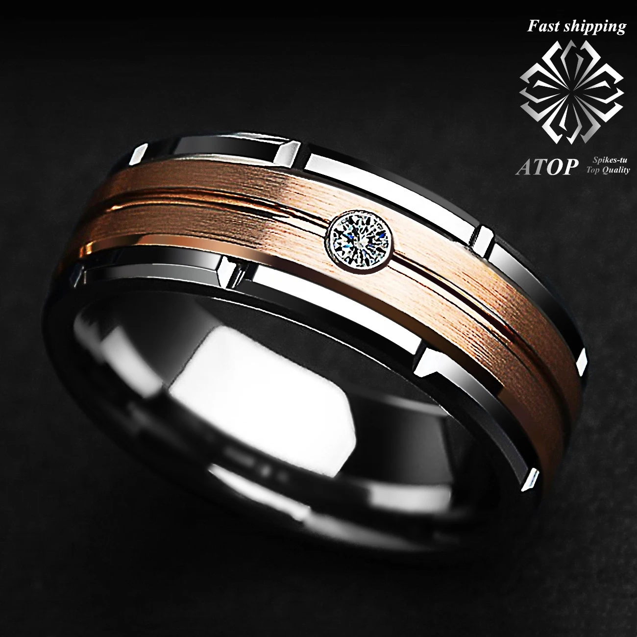 8mm Silver Tungsten Ring Rose Gold Brushed Diamond ATOP-LUXURY Men Wedding Band