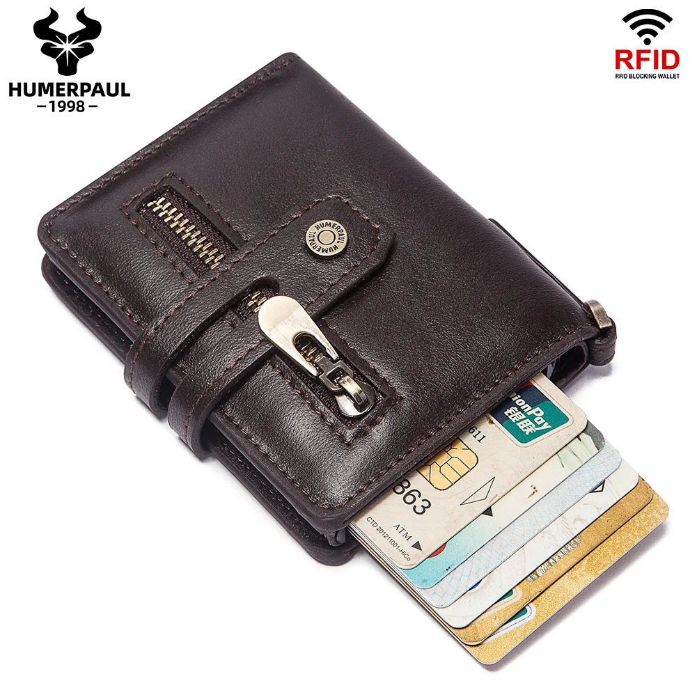 

Genuine Leather Credit Card Holder Wallet for Men Anti Scan RFID Smart Aluminum Metal Pop Up Card Case Mini Business Money Bag