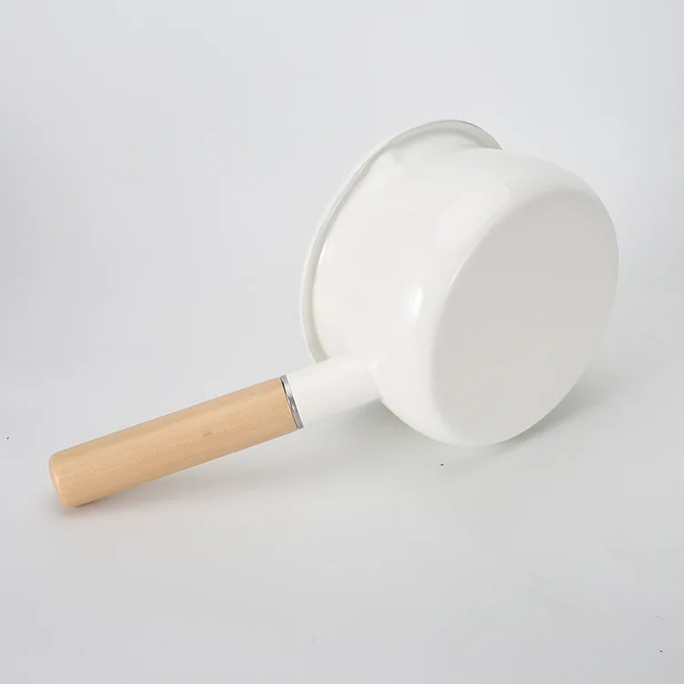 Milk Pot Porcelain Enameled 15cm 1L Wooden Single Handle Anti-scald Children Food Breakfast Egg Noodles Thickened High Quality
