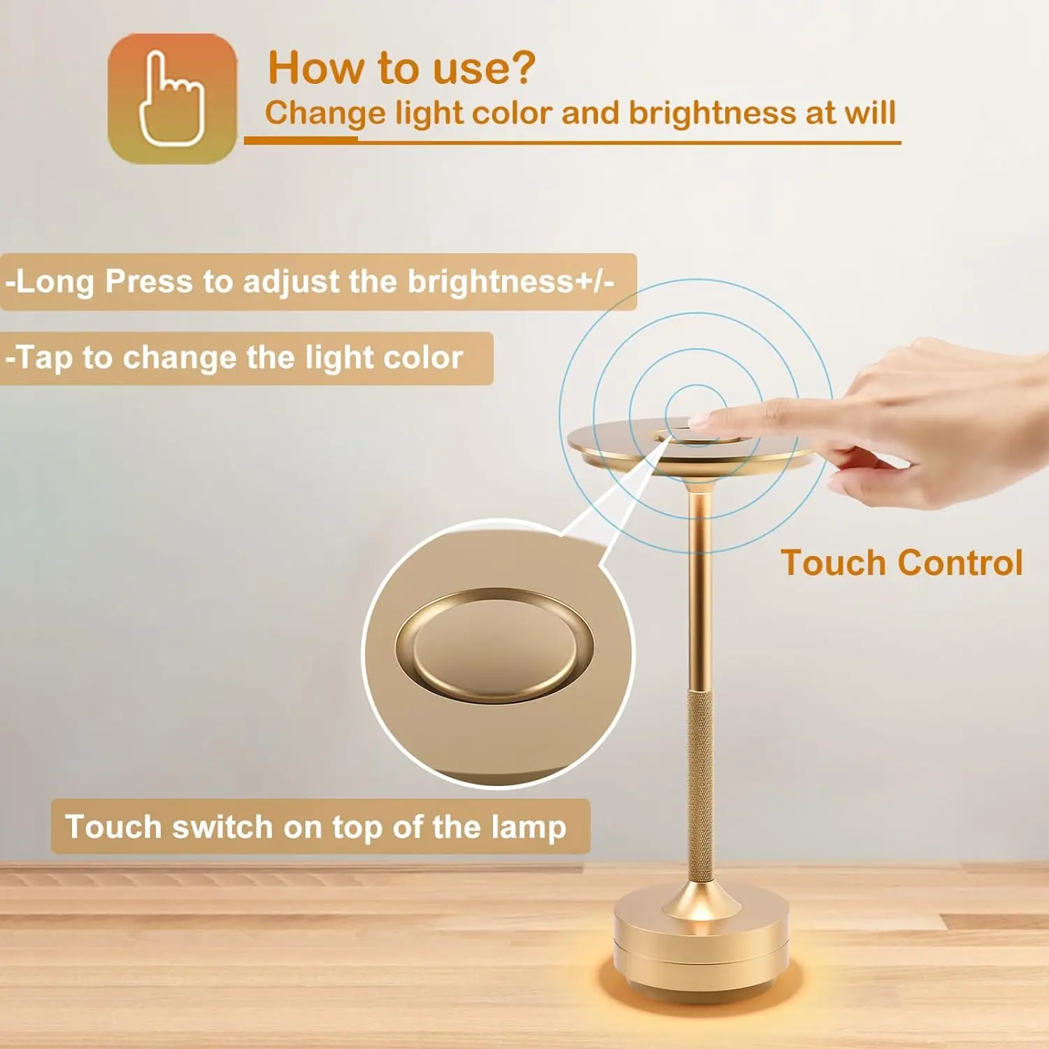 Classic Touch Sensor LED Table Lamp Rechargeable Cordless Desk Lamp 3 Color Adjustable Temperatures Modern Style LED Night Light 3