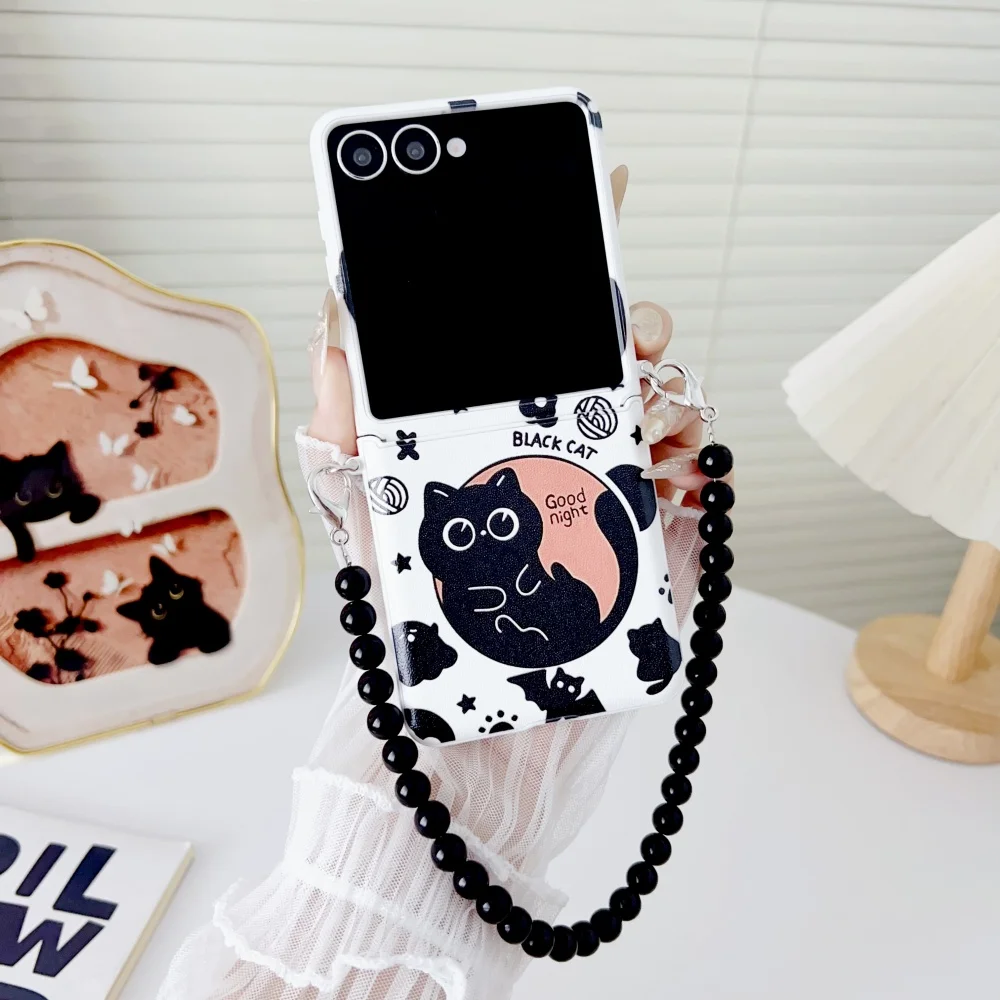 Charming Cartoon Black Cat Folding Phone Case with Wrist Strap and Lanyard Bracelet