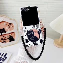 Charming Cartoon Black Cat Folding Phone Case with Wrist Strap and Lanyard Bracelet - Galaxy Z Flip 8 (Black ZL)