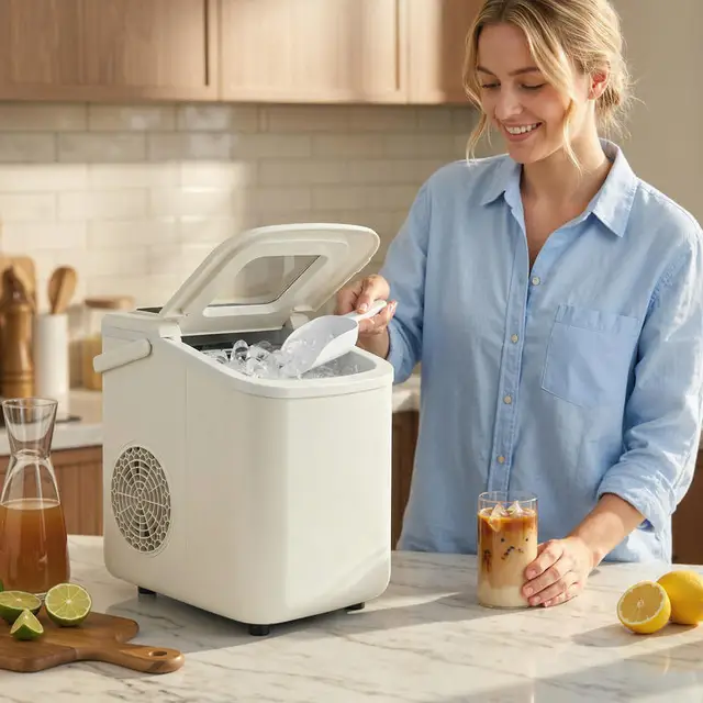 Machine à glaçons portable 12 kg/24h, autonettoyante, beige, pour comptoir, avec pelle et panier, compacte, pour la maison, la cuisine, le bar, le camping, l'appartement, l'habitation moderne 1