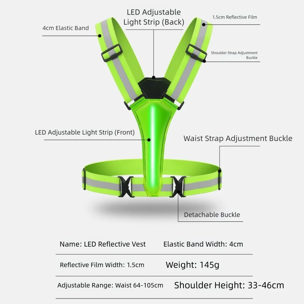 USB 충전식 LED 반사 조끼 높은 가시성 조절 가능한 허리/어깨 야간 러닝 라이트업 조끼 3가지 조명 모드