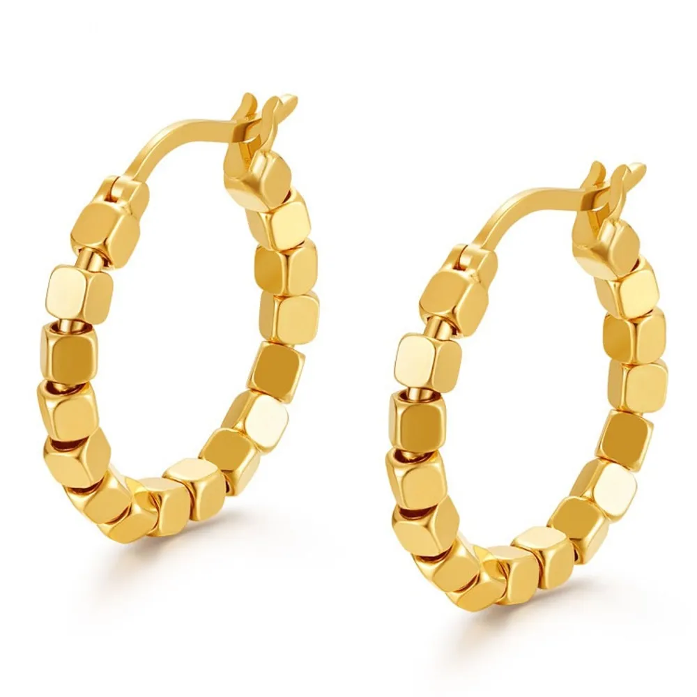 

Real Pure 18K Yellow Gold Hoop Women Gift Lucky Square Beads Circle Earrings 3.1g