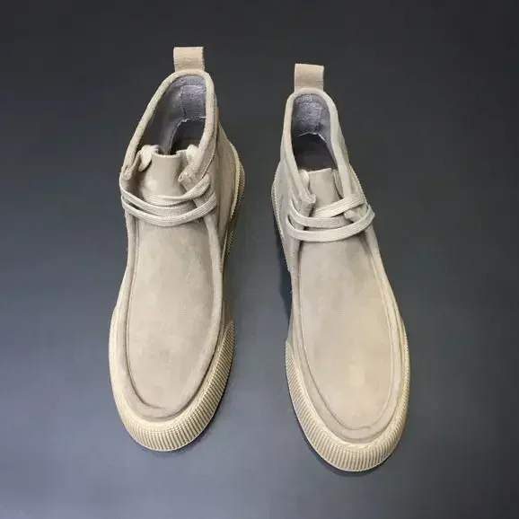 Men Retro Leather Shoes Thick Sole Mid Top Couple Casual Short Boots Autumn/Winter Men's Ankle Boots Thick Sole Desert