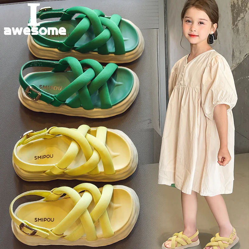 Girls New Fashion Sandals Korean Version Children Soft Sole Beach Shoes Little Girls Cross Strap Sandals Can Be Used As Slippers