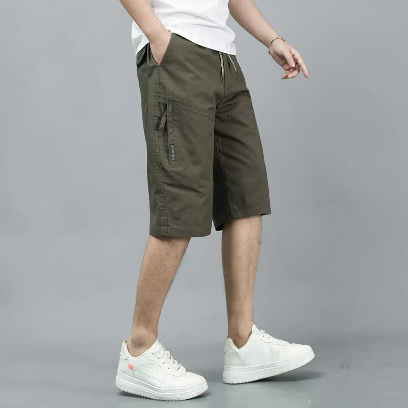 2023 Summer New Men's Clothing Crop Jeans Pure Solid Color Cotton Pockets Casual Trend Loose Casual Shorts Straight Mid Pants