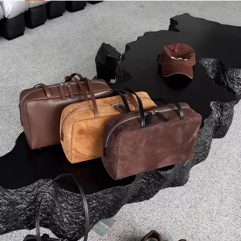 New winter Women's suede leather Boston bag Genuine Leather Crossbody Bowling Bag female Luxury Square tote Shoulder Handbags