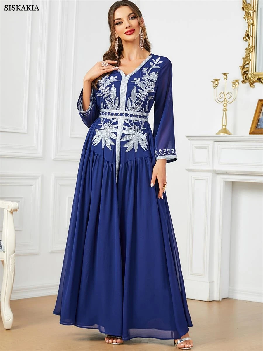 

Siskakia Цветочная вышивка шифоновое платье с длинным рукавом v-образным вырезом драпированное платье с поясом Jalabiyat Дубай Африканский марокканский женский халат