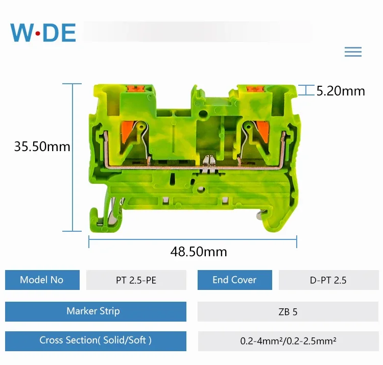 Din Rail Ground Terminal Block 10Pcs PT-2.5PE Spring Connection Feed Through Push In PT2.5-PE Wire Conductor Din Rail Terminal Block