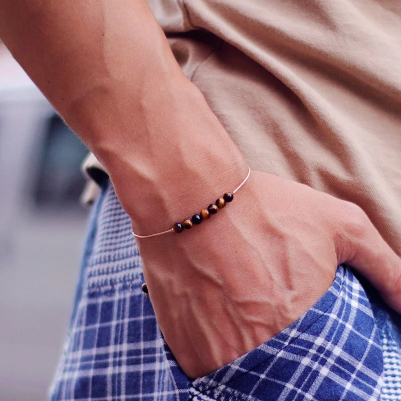 Unisex Adjustable Chakra Bracelet with Obsidian and Tiger Eyes Stone