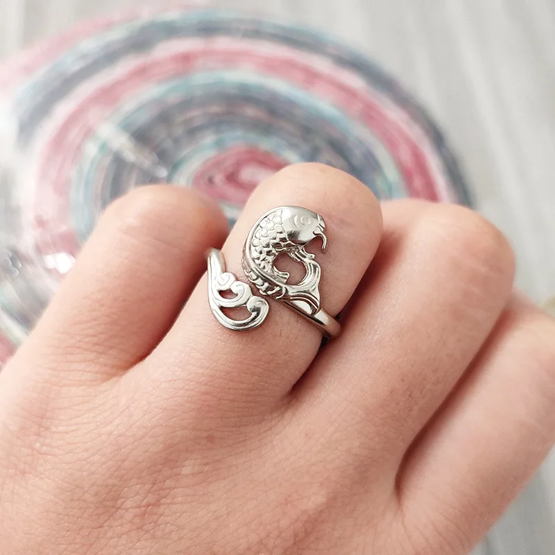 Retro Colorful Peacock Open-Screen Koi Carp Hook Thread Ring Open Needle With Thread Ethnic Style Couple Jewelry
