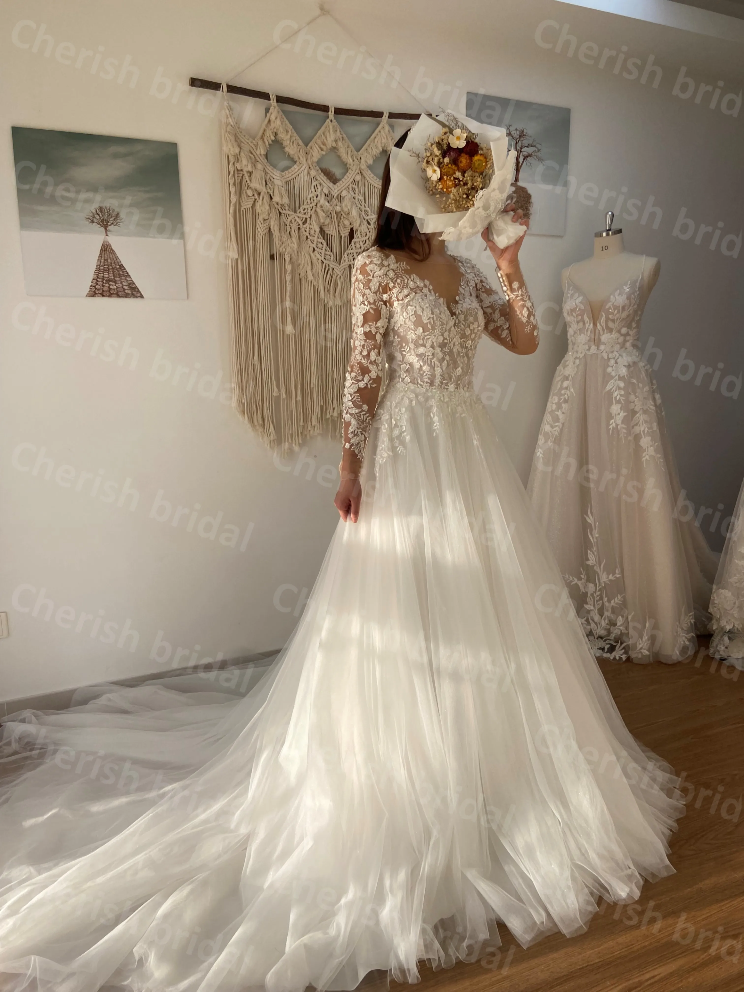 

CB307M Hot Sale Wedding Dress for Bride Women Long Sleeve A-line Bride Dresses Lace Applique and Beading Open Back Bridal Gown