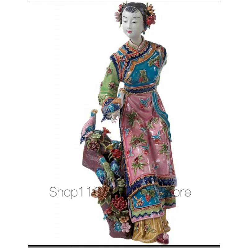 

A striking ancient beauty Shiwan doll ceramic furnishes girl Beauty classical figure style sitting room ancient rack decoration