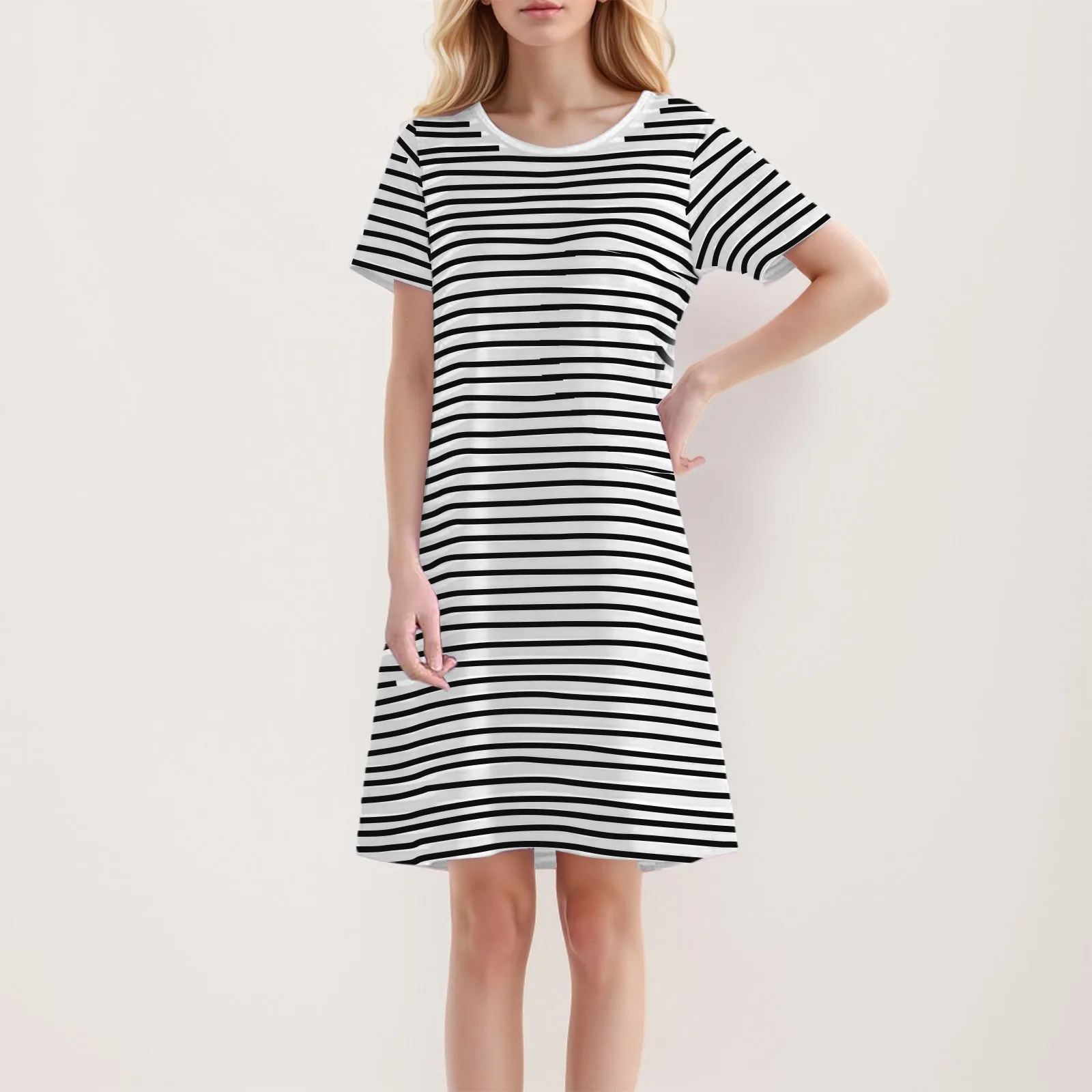 

Модное женское платье, летнее свободное платье в полоску с коротким рукавом, женские платья 2024, Новые повседневные платья-футболки средней длины