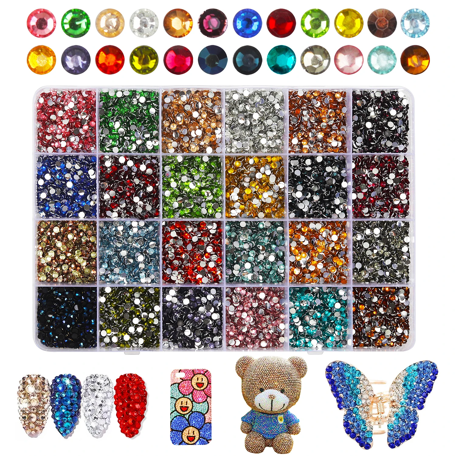 

16500 Pieces 3mm Resin Rhinestones 24 Colors Mixed Color Nail Art Flat Bottom Glitter Gems 24 Compartments Box DIY Craft