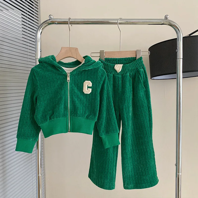 

Girls Coat+Pants Kids Suits 2PCS/Set 2023 Green Spring Autumn Cotton Teenagers Tracksuit Children Clothing
