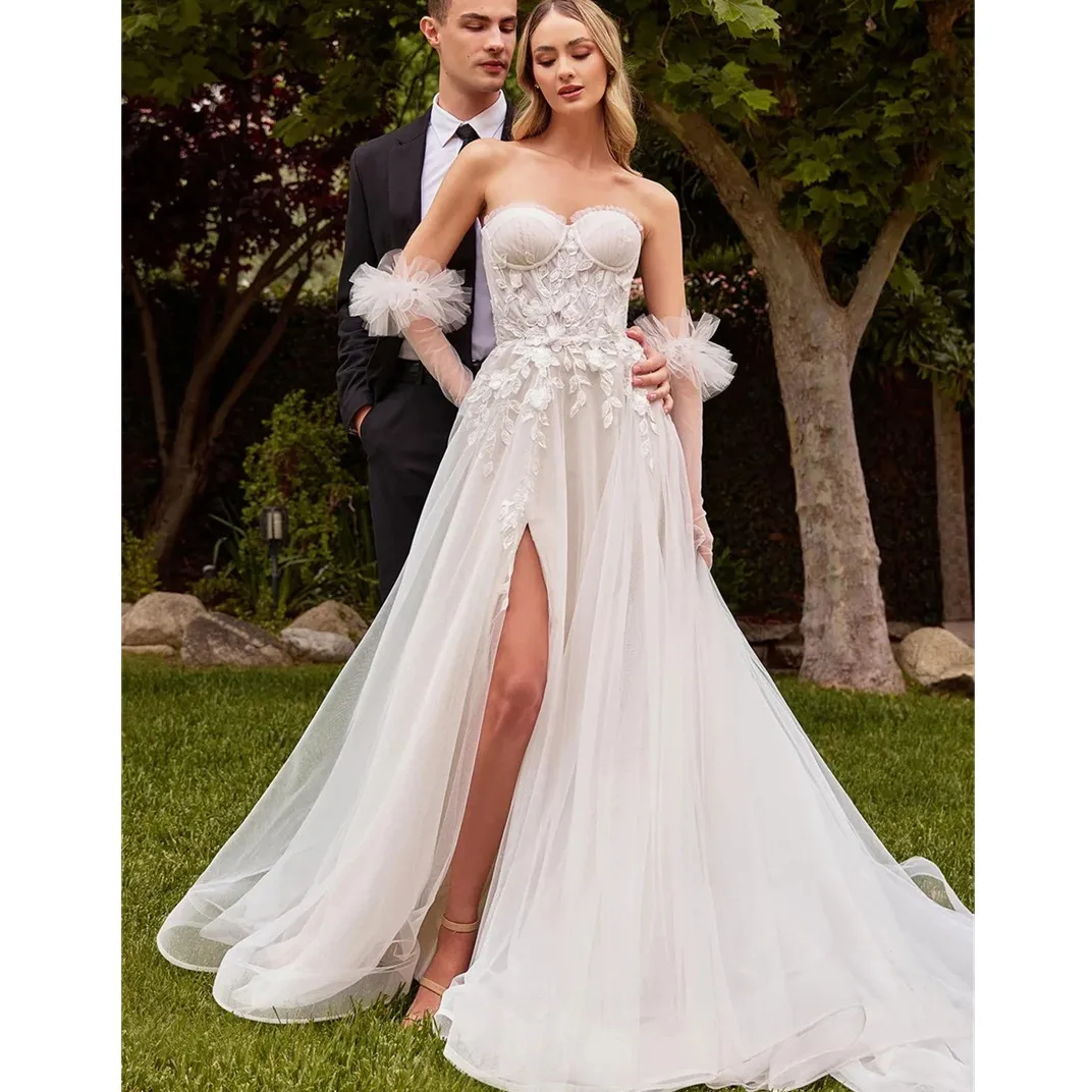 

Sexy Strapless Wedding Dresses Bohemian Side Split Lace Backless Bridal Gowns Robe de Mariée Custom Made 2024