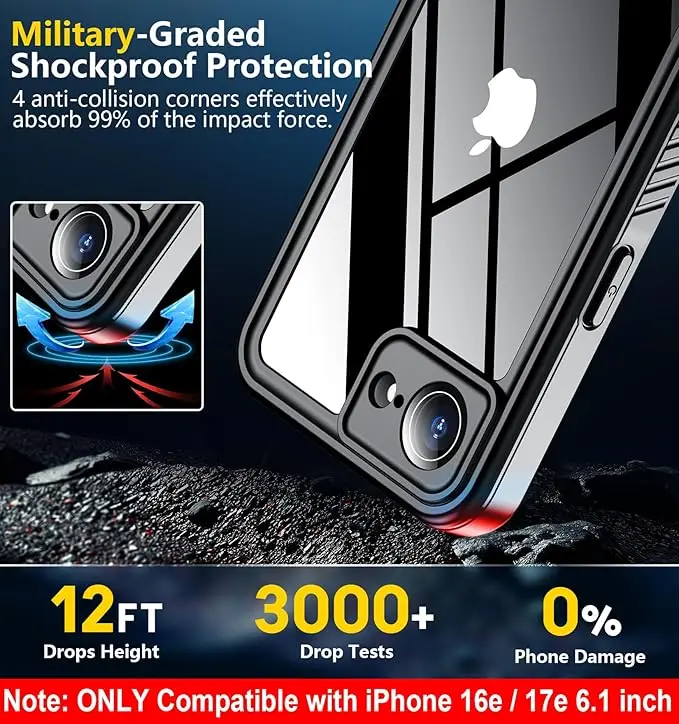 Waterproof Case with Built-in Screen and Camera Lens Protector - IP68 Underwater Full Body Protection Cover