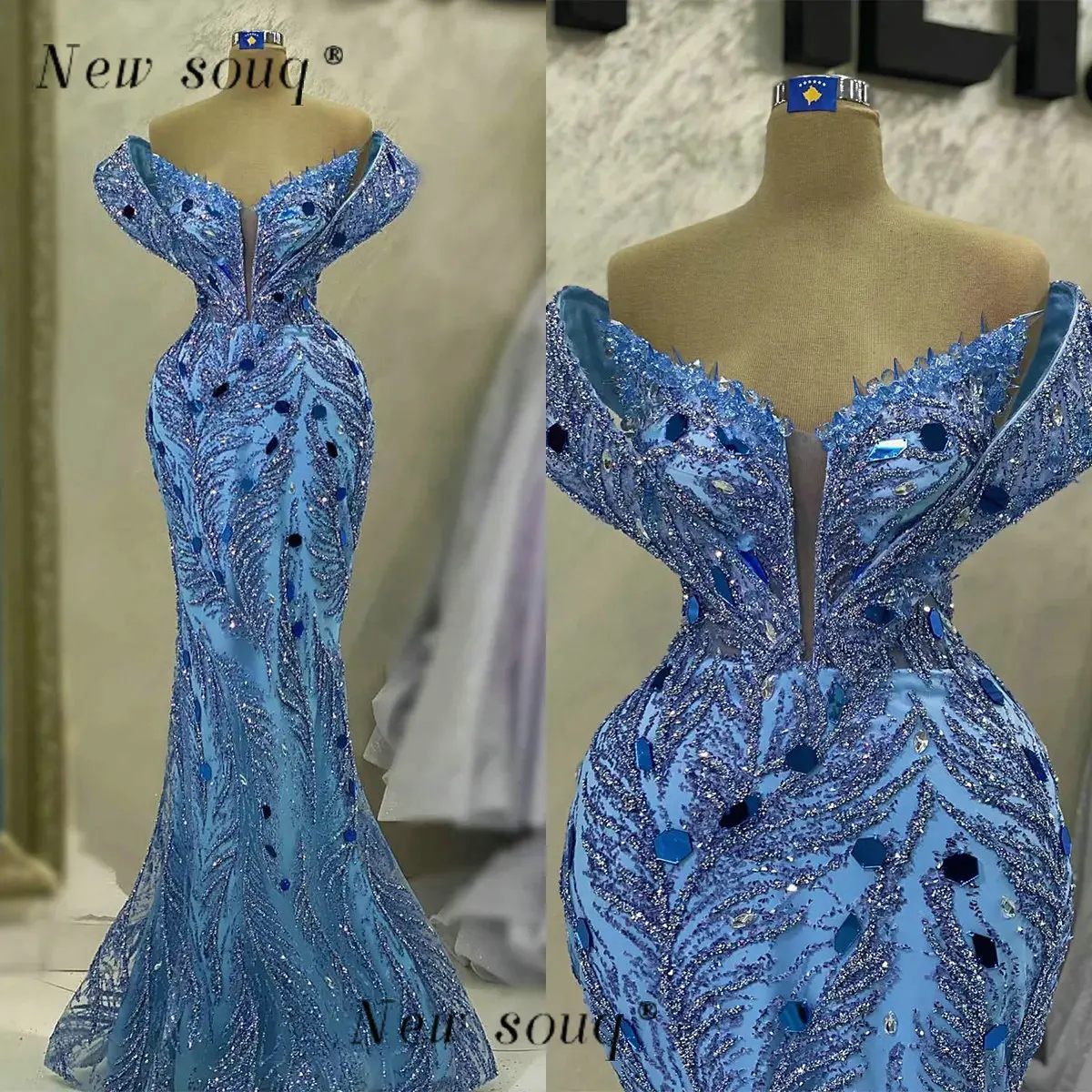 Muslim Navy Blue Meramaid Evening Dresses Gowns 2025 Luxury Elegant Beaded Feather For Women Party LA70978A