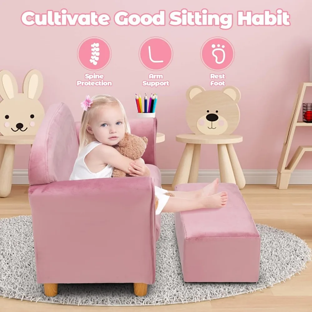 Kids Sofa with Ottoman, 2 Seat Toddler Upholstered Couch, Children Armrest Chair Lounge for Nursery Kindergarten Kids Room 6
