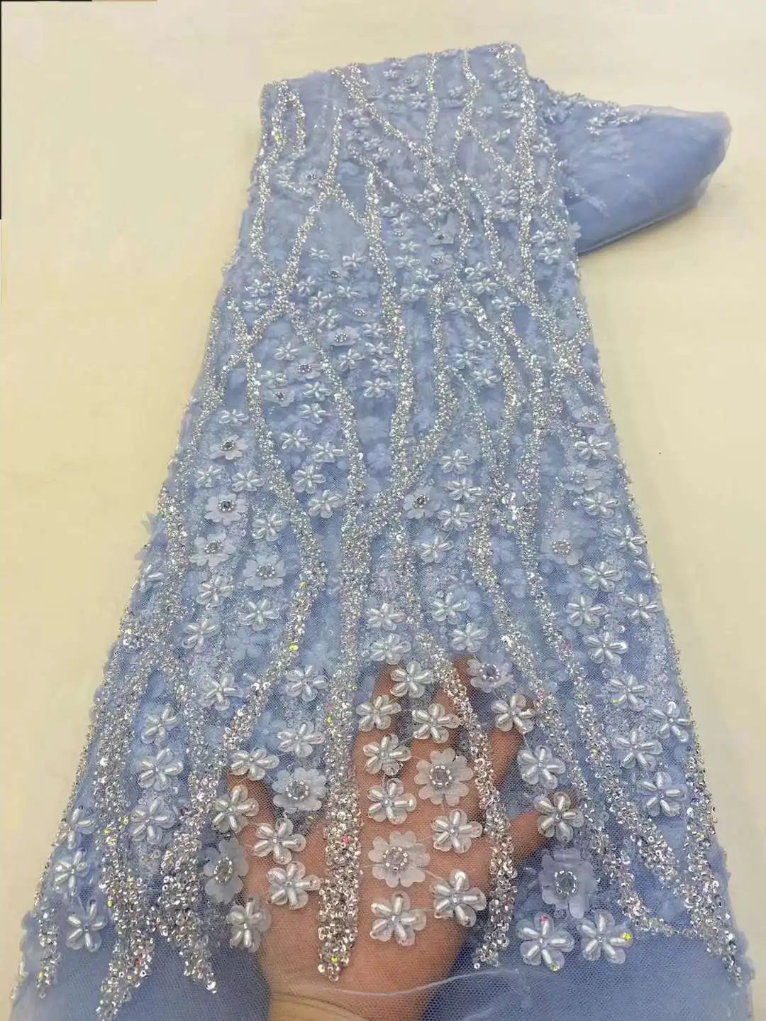 

Luxury 2023 High Quality French Tulle Beads Net Groom Lace Fabric African Beaded Lace Fabrics For Wedding Dress Party