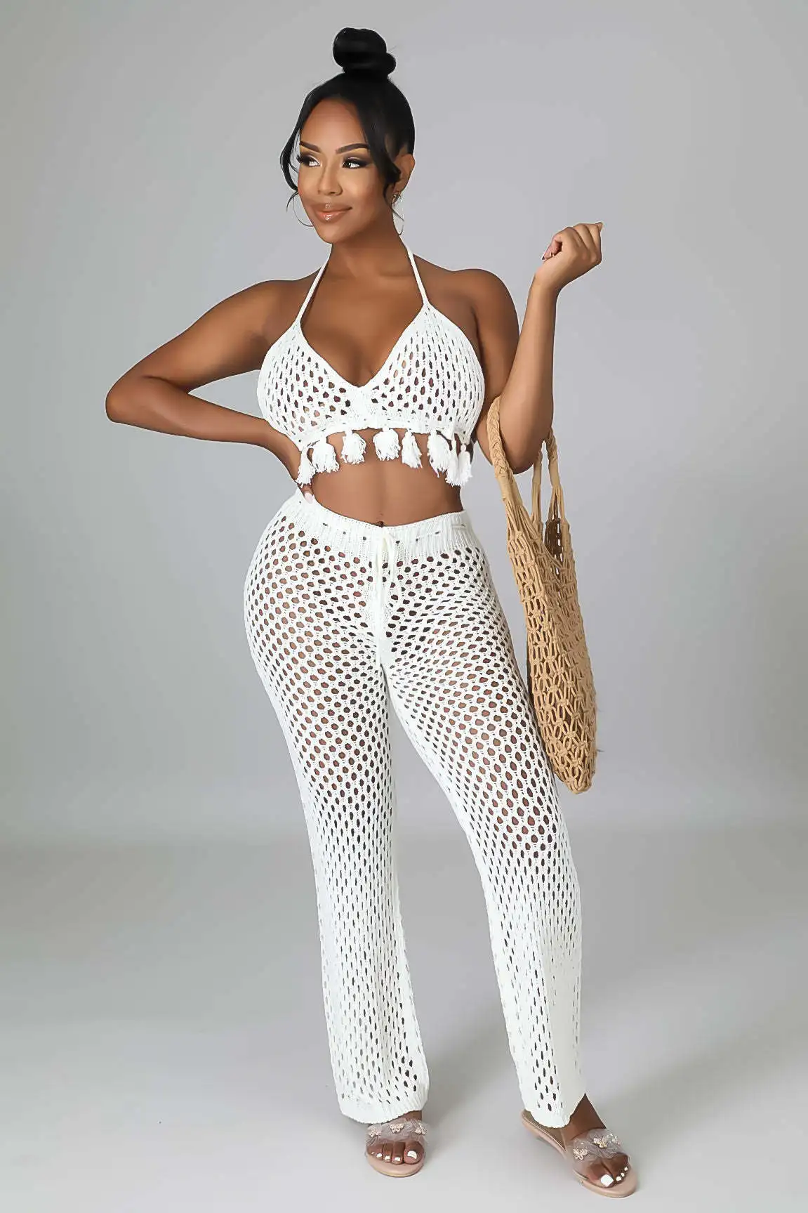 

Vacation Outfits for Women 2023 Summer 2 Piece Outfit New Sexy Hollow Out See-through Beach Fishing Net Tassel Wide Leg Suit