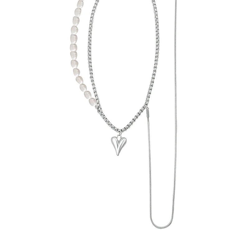 

Spicy Girl Natural Freshwater Pearl Tassel Necklace Double Layer Design Titanium Steel Fashion Personality Jewelry Neck Chains