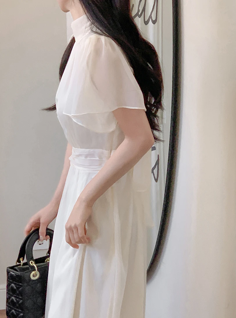 Elegant Solid Midi Dresses for Women Ruffles Half-high Collar A-line Office Lady Casual Korean Fashion Autumn Vestidos Mujer New