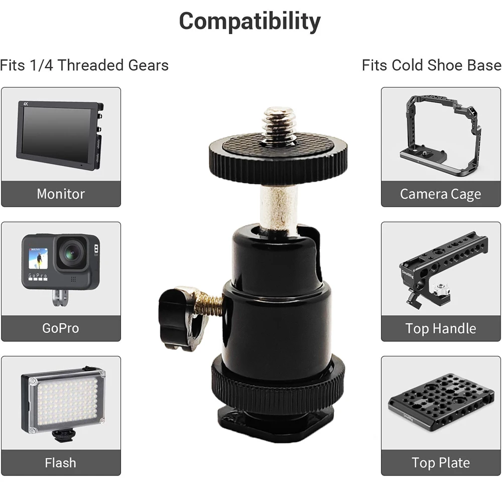 1/4" Camera Hot Shoe Mount 360° Rotatable Metal Mini Ball Tripod Ball Head Adapter with 1/4" Screw for Camera Light Microphone